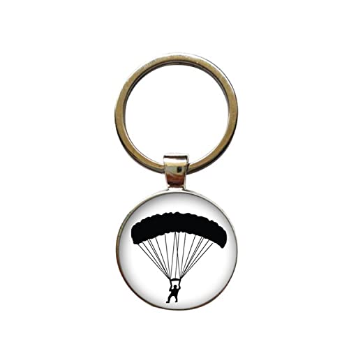 Skydive Schlüsselanhänger mit Fallschirmspringer-Silhouette, Schlüsselanhänger, rund, Glas, Cabochon-Anhänger, Schlüsselanhänger für Sportliebhaber, Geschenk, weiß, L von ZEIA3