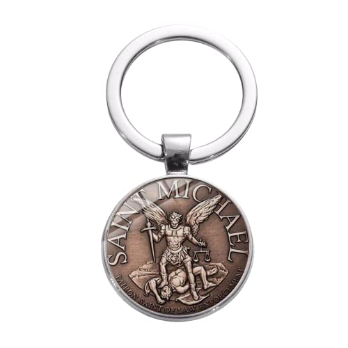 ZEIA3 Vintage Erzengel St. Michael Charm Schlüsselanhänger Protect Me Saint Shield Schutz Gerechtigkeit Schild Schlüsselanhänger christliches heiliges Geschenk, weiß, L von ZEIA3