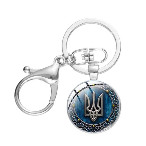 ZEIA3 Vintage Tryzub Ukraine Schlüsselanhänger Ukrainisches Symbol Rune Flagge Dreizack Muster Glas Cabochon Männer Frauen Hummerschnalle Schlüsselanhänger Geschenk, weiß, L von ZEIA3