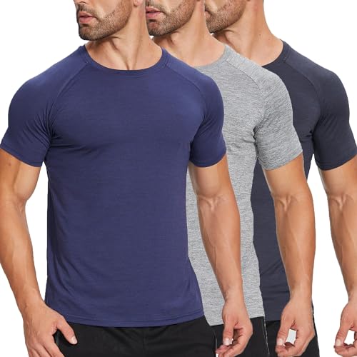 ZENGVEE 3er Pack Slim Fit Fitness T-Shirt Herren Sport Tshirts Funktionsshirt Schnelltrocknend Atmungsaktive Bodybuilding Shirt Workout Gym Trainingsshirt（320-Black Grey Navy-M） von ZENGVEE