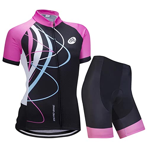 Damen Atmungsaktiv Schnelltrocknend Fahrradtrikot Set, Outdoor Kurzarm Radsport-Shirt + 3D Gel Gepolsterte Kurze Hose Fahrradhose, S, Galoppierendes Rosa von ZEROBIKE