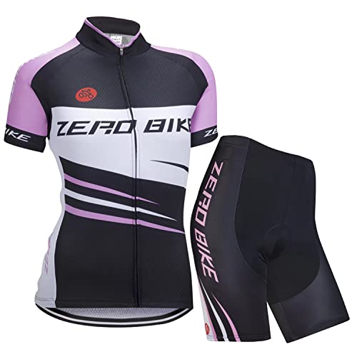 ZEROBIKE Damen Atmungsaktiv Schnelltrocknend Fahrradtrikot Set, Outdoor Kurzarm Radsport-Shirt + 3D Gel Gepolsterte Kurze Hose Fahrradhose, L, Schwarz Gestreift mit Rosa von ZEROBIKE