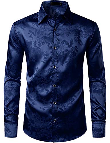 ZEROYAA Glänzende Satin-Rosenblüten für Herren, Jacquard, lange Ärmel, Knopfleiste, Hemden für Party, Abschlussball - Blau - X-Groß von ZEROYAA