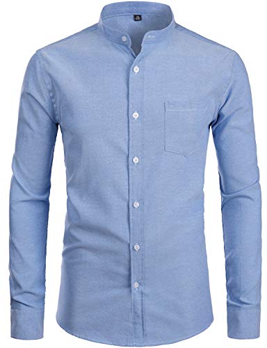 ZEROYAA Herren Hipster Mandarinenkragen Langarm Knopfleiste Oxford Shirts mit Brusttasche, Z112-blau, XL von ZEROYAA