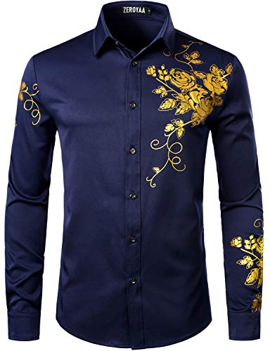 ZEROYAA Herren Hipster Rose Floral Printed Slim Fit Langarm Button Up Party Dress Shirts - Blau - Mittel von ZEROYAA