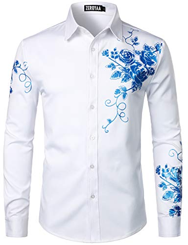 ZEROYAA Herren Hipster Rose Floral Printed Slim Fit Langarm Button Up Party Dress Shirts - Wei� - Mittel von ZEROYAA