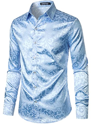 ZEROYAA Herren Luxus Jacquard Langarm Kleid Shirt Glänzend Satin Slik Like Hochzeit Party Abschlussball Shirts, Helles Blau, L von ZEROYAA