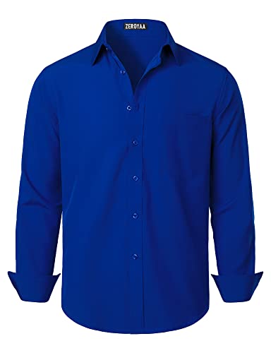 ZEROYAA Herren Regular Fit Kleid Hemd Solid Faltenfrei Langarm Casual Business Button Up Shirts mit Tasche, Königsblau, L von ZEROYAA