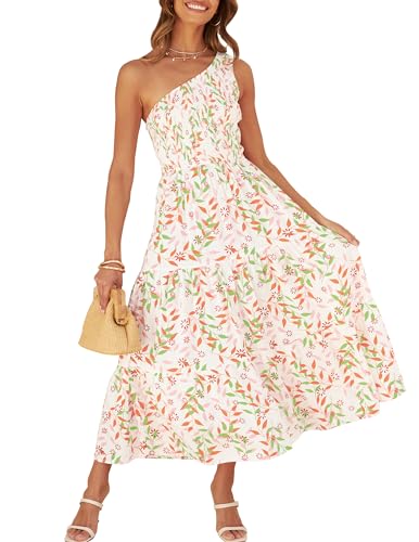 ZESICA Damen 2023 Bohemian Summer Floral Print One Shoulder Sleeveless Smocked Ruffle Tiered Beach Long Midi Dress, Weiß/Pink, Medium von ZESICA