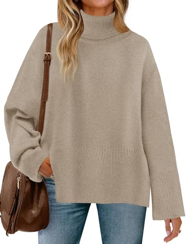 ZESICA Damen 2023 Herbst Pullover Rollkragen Langarm Oversized Split Hem Strick Tunika Pullover Pullover Tops, Haferflocken (Oatmeal), Mittel von ZESICA