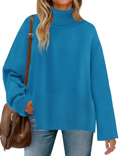 ZESICA Damen 2024 Herbst Pullover Rollkragen Langarm Oversized Split Hem Strick Tunika Pullover Tops, Hellblau, Klein von ZESICA