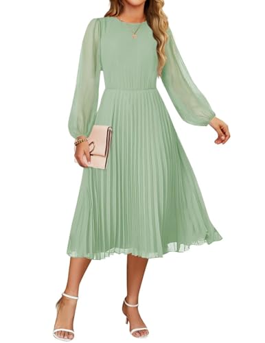 ZESICA Langärmeliges Damenkleid 2025, lässig, Rundhalsausschnitt, Chiffon, schwingend, plissiert, A-Linie, Cocktail-Party, Midi-Kleid, Salbeigrün, Mittel ZESICA Langärmeliges Damenkleid 2025, lässig, Rundhalsausschnitt, Chiffon, schwingend, plissiert, A-Linie, Cocktail-Party, Midi-Kleid, Salbeigrün, Mittel von ZESICA
