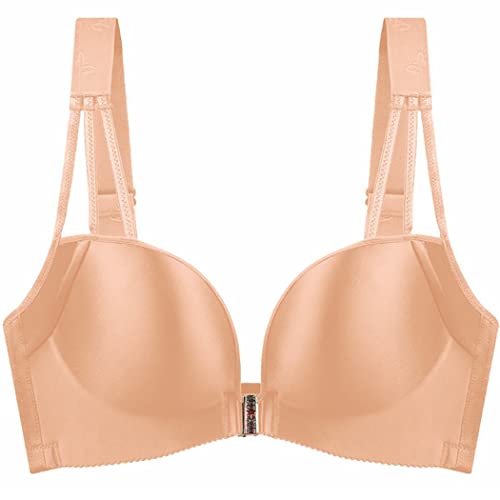 ZESLIV Damen BH Vorderverschluss ohne Bügel 105C Hautfarbe Push Up BH mit Verschluss vorne große größen Frauen Wohlfühl Bustier Strass Bra von ZESLIV