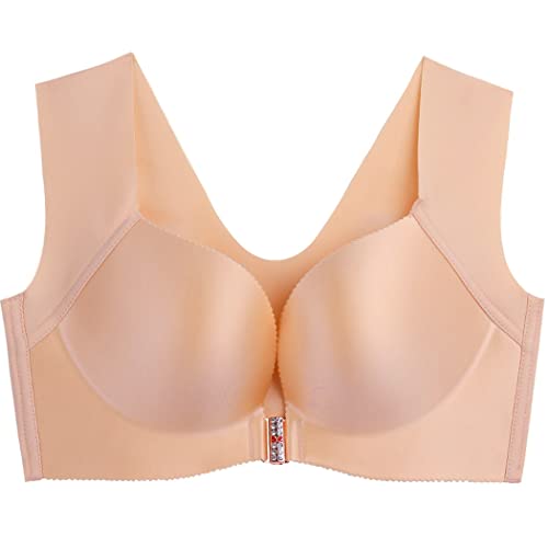 ZESLIV Damen BH Vorderverschluss ohne Bügel 120E Hautfarbe Push Up BH mit verbreiterte Schultergurte Frauen Wohlfühl Bustier Strass Bra von ZESLIV