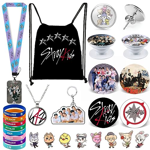 ZHENGGE Kpop Stray Kids Geschenk-Set, inklusive Kordelzugbeutel, Rucksack, Halskette, Ohrringe, Armbänder, Knopfnadeln, Schlüsselband, Ausweishalter, Schlüsselanhänger, Handy-Ringhalter, von ZHENGGE