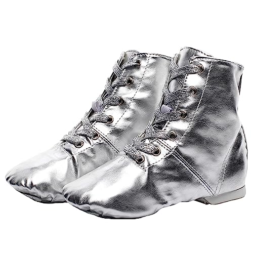 ZHENSI Tanzstiefel PU-Leder Jazzschuhe Geteilte Sohle Leichte Schnürung Weicher Boden Für Kinder Und Erwachsene Frauen,Silber,36 EU von ZHENSI