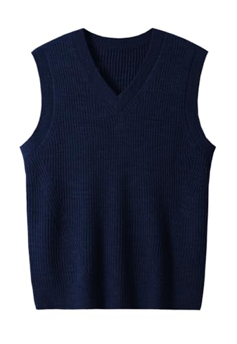 ZHILI Herren V-Ausschnitt ärmelloser Strickpullover einfarbig Herren Fit Top_Dark Blue_Large von ZHILI