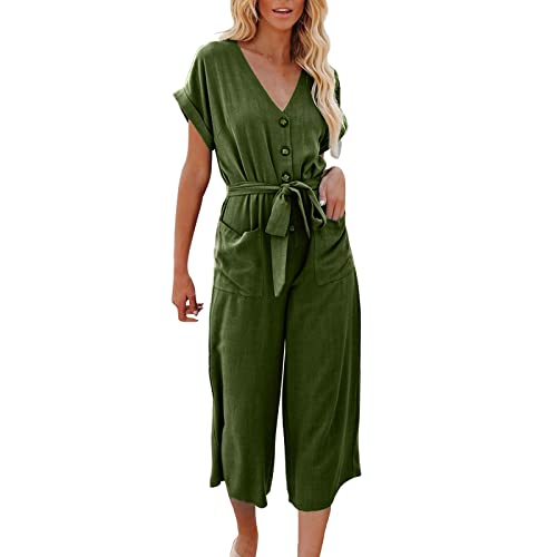 ZHISHIMEIM Jumpsuit Damen Sexy V-Ausschnitt Taste High Waist Baggy Weites Bein Gerade Lang Overall Mit Gürtel Elegant Casual Sommer Luftige Gemütlich Romper (Army Green, XXXL) von ZHISHIMEIM