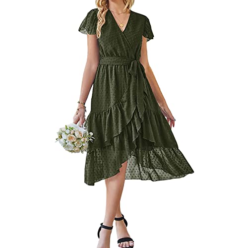 ZHIYUEE Damen Sommerkleid Chiffon Kleid Elegant V-Ausschnitt Kleider Abend Cocktailkleid Partykleid Abendkleid Rüschen Strandkleid Kleid mit Gürtel (as3, Alpha, m, Regular, Regular, Grün) von ZHIYUEE