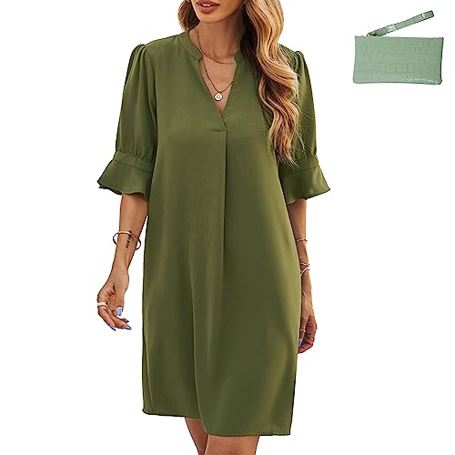 ZHIYUEE Damen Tunika Kleider Elegant Blusenkleid V-Ausschnitt Sommerkleid Kurz Dress Freizeitkleider Strandkleid Locker Kleider mit Tasche (as3, Alpha, l, Regular, Regular, Grün) von ZHIYUEE