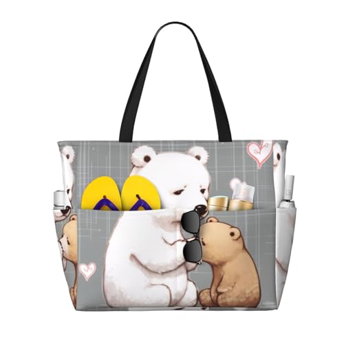 ZHONGSK Große Strandtasche für Damen, große Kapazität, Strandtasche, niedlicher Fuchs, Pooltasche mit Reißverschluss und Taschen, faltbare Handtasche für Fitnessstudio, Reisen, Einkaufen, White Bear von ZHONGSK