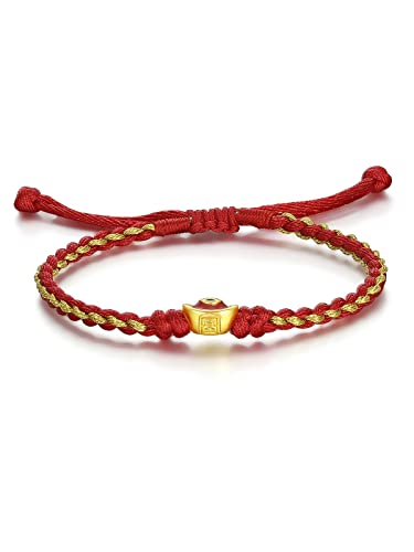 24 Karat Gold Armbänder für Frauen, echter Goldschmuck, verstellbarer Charme Goldbarren Kürbis rot geflochten Armreif für Frauen Männer Teenager Mädchen (Fu Goldbarren) von ZHOU LIU FU