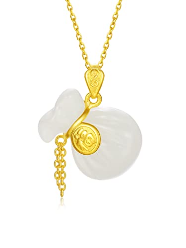 ZHOU LIU FU 24 Karat massiver Gold Anhänger für Frauen, echtes reines Gold weißer Nephrit Jade Schmuck zierlicher glücklicher Anhänger für Männer Teenager Mädchen (Halskette nicht enthalten) (Glück) von ZHOU LIU FU