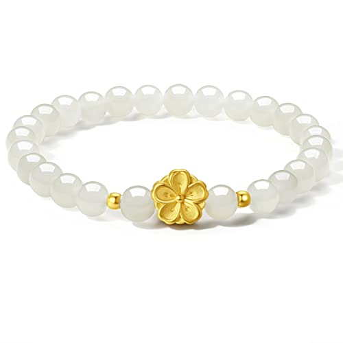 ZHOU LIU FU 24K Gelbgold Armband für Damen echter reine Gold Schmuck Glücks kaninchen Sternzeichen Schleife Sakura Prehnit Perle Jade PerlenArmband für Männer Teenager Mädchen (Jade Sakura) von ZHOU LIU FU