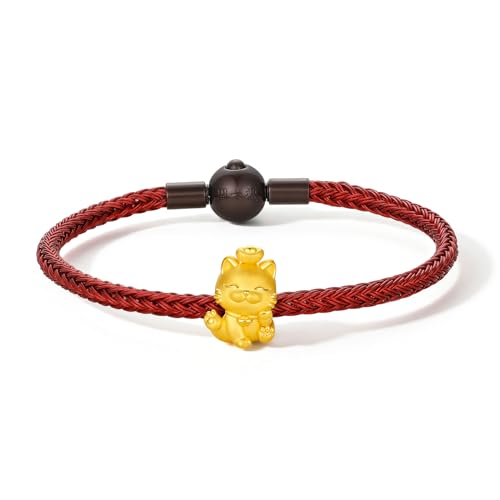 ZHOU LIU FU 24k Festköpfe Gold Maneki Neko Lucky Katze Charmalm Armband Süße Glückskatze mit Münze Gold Mini Charme Schmuck rote Armband für Frauen Männer von ZHOU LIU FU