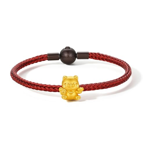 ZHOU LIU FU 24k Festköpfe Gold Maneki Neko Lucky Katze Charmalm Armband Süße Glückskatze mit Münze und Gott Gold Mini Charme Schmuck rote Armband für Frauen Männer von ZHOU LIU FU