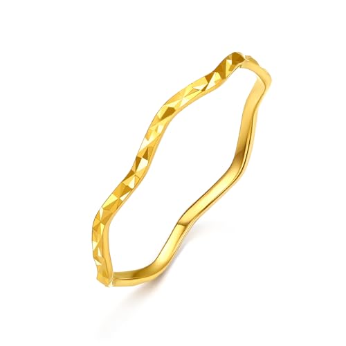 ZHOU LIU FU 24k feste Goldringe Twisted Wave Band Stapelbarer Ring Dünn einfaches Zierausrüstung Eheringe Echter Goldschmuck für Wimen Girl Ring Größe: 8-18 von ZHOU LIU FU