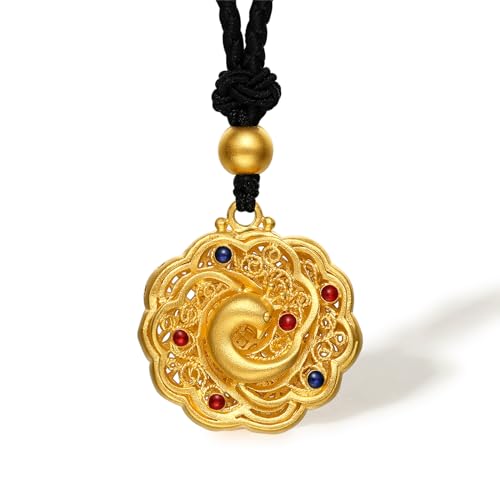 ZHOU LIU FU 999 24k fest Gold Anhänger Phoenix Halskette rund Blume reines Gold mit mehrfarbiger Emaille Schmuck Schwarz Seilkette Halskette für Männer Frauen Teenager Geschenke 25,6 "-29.5" von ZHOU LIU FU