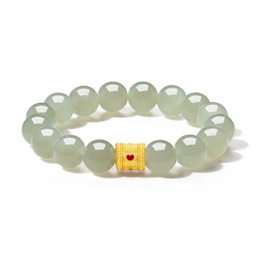 ZHOU LIU FU grünes Jade -Perlenarmband 24k Festes Goldarmband Zylinder Perlen Nephrite Hetian Jade Blessing Healing Armband für Frauen Männer von ZHOU LIU FU