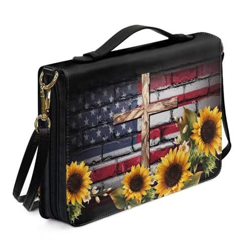 ZIATUBLES Bibelhüllen für Damen und Herren, Bibeltragetasche, amerikanische Flagge, Sonnenblumenkreuzdruck, Bibelschutztasche, großes Fassungsvermögen, Buch-Organizer mit Schultergurt, für Gebet, L von ZIATUBLES