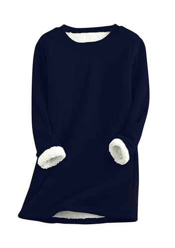 ZICUE Frauen Fleece Gefüttert Sherpa Sweatshirt Pullover Oversize Winter Warm Rundhals Langarm Pullover Solid Color Lounge Wear Top Marineblau S von ZICUE