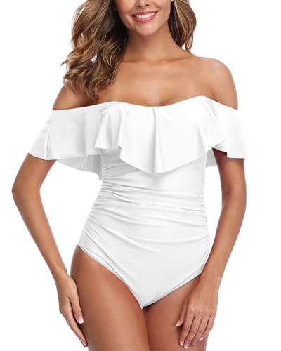 ZINPRETTY Einteiliger Damen-Badeanzug, Retro-Stil, Bauchkontrolle, schulterfrei, Volant, gerüscht, Monokini, volle Abdeckung, Weißer Badeanzug, Medium ZINPRETTY Einteiliger Damen-Badeanzug, Retro-Stil, Bauchkontrolle, schulterfrei, Volant, gerüscht, Monokini, volle Abdeckung, Weißer Badeanzug, Medium von ZINPRETTY