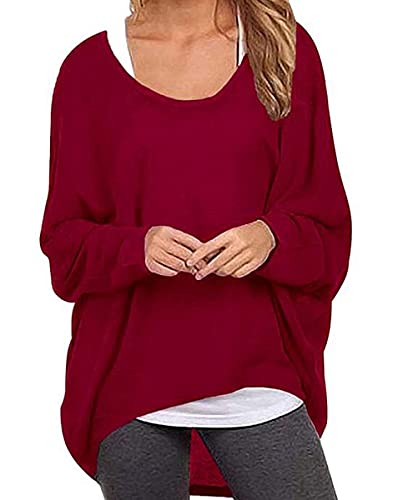 ZIOOER Damen Pulli Fledermausärmel T-Shirt Lose Asymmetrisch Jumper Bluse Langarmshirts Hemd Pullover Sweatshirt Oberteil Oversize Tops Weinrot M von ZIOOER