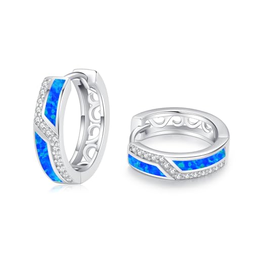 ZIPPICE Opal Ohrringe Damen 925 Sterling Silber Ohrringe Creolen Blau Opal Creolen Creolen Klein Silber Ohrringe Zirkon Ohrringe Opal Schmuck Geschenke für Damen Frauen Ehefrau Mädchen 15mm von ZIPPICE