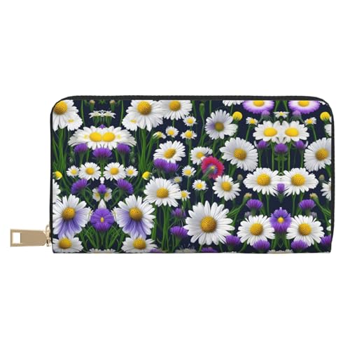 Außergewöhnlich lange Kunstleder-Reisebrieftasche mit Reißverschluss für Damen mit Herbstmuster, Wildblumen und Kornblumen, Gänseblümchen, Einheitsgröße von ZISHAK