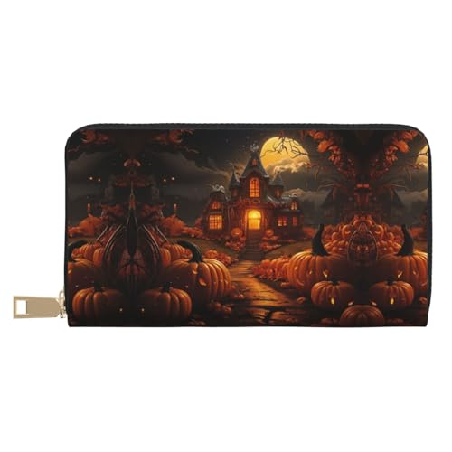 Kürbis-Halloween-Druck, außergewöhnlich, lang, Kunstleder, Reisebrieftasche mit Reißverschluss, entworfen für Damen, Kürbis Halloween, Einheitsgröße von ZISHAK