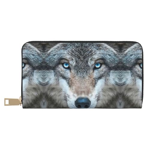 Reisebrieftasche aus Kunstleder mit rotgoldenem Marmor-Druck, außergewöhnlich lang, mit Reißverschluss, entworfen für Damen, Blue Eyes Wolf, Einheitsgröße von ZISHAK