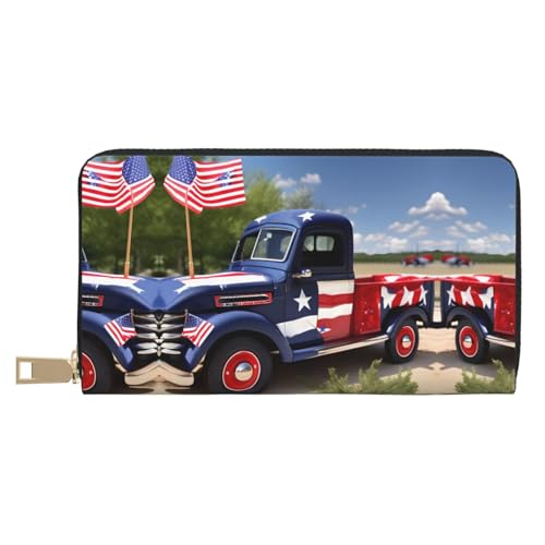 Reisebrieftasche mit patriotischem Trucks-Aufdruck, außergewöhnlich, lang, Kunstleder, mit Reißverschluss, entworfen für Damen, Patriotische Trucks 4. Juli, Einheitsgröße von ZISHAK