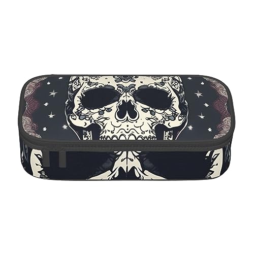 ZISHAK Federmäppchen mit Totenkopf-Motiv und Blumen, große Tasche für Stifte, Make-up-Stifte, Oxford-Stofftasche, großer Organizer von ZISHAK