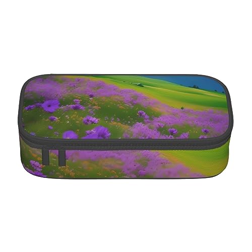 ZISHAK Federmäppchen mit violetten Blumen, Wiese, Berg, geräumig, für Stifte, Make-up-Stifte, Oxford-Stoff, großer Organizer von ZISHAK