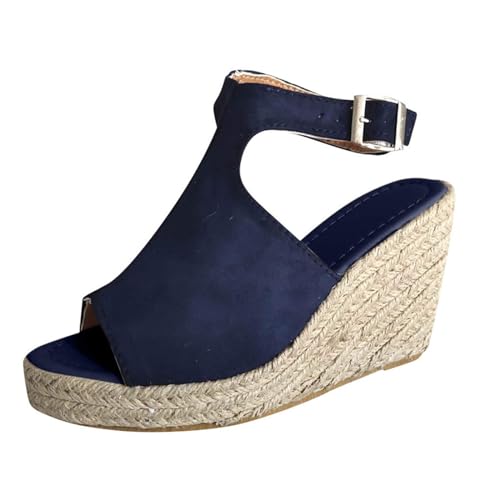 Damen Espadrilles Plateau Sandalen Offene Zehen Fischmaul Sandalen mit Schnallenriemen Verstellbare Sommerschuhe Non-Slip Sole Geeignet für Dates Strände Urlaub,Blau,38 von ZIZENG