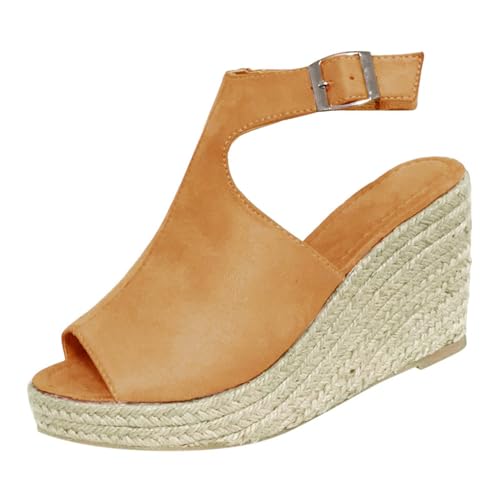 Damen Espadrilles Plateau Sandalen Offene Zehen Fischmaul Sandalen mit Schnallenriemen Verstellbare Sommerschuhe Non-Slip Sole Geeignet für Dates Strände Urlaub,Braun,36 von ZIZENG