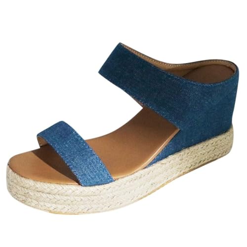 Damen Espadrilles Plateau Sandalen Offene Zehen keil Hausschuhe Elegant Klassische Slip Auf Leder Sandalen Geeignet für Strand Party täglich Hochzeit Bankett,Blau,35 von ZIZENG