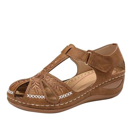 Damen Geschlossene Orthopädische Sandalen Vintage Wedges Sandalen Comfort Non-Slip Weiche Fußbett Sind Geeignet für Lässigen Dates Strände Urlaub,Braun,36 von ZIZENG