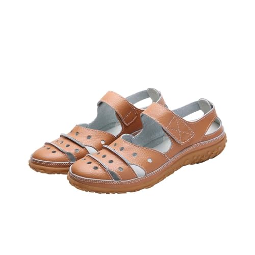 ZIZENG Damen Geschlossene Sandalen Bequeme Flach Sandalen Elegant Atmungsaktiv Breite FüßE Verstellbare Geeignet Sind Täglichen Gebrauch,Braun,38 von ZIZENG