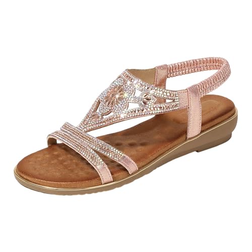 Damen Offene Zehen Elastic Riemen Sandalen Strasssteine Glitzer Flach Sandals mit Weiche Fußbett Mode Elegant Strand Sommerschuhe Geeignet Täglichen Gebrauch,Rosa,37 von ZIZENG